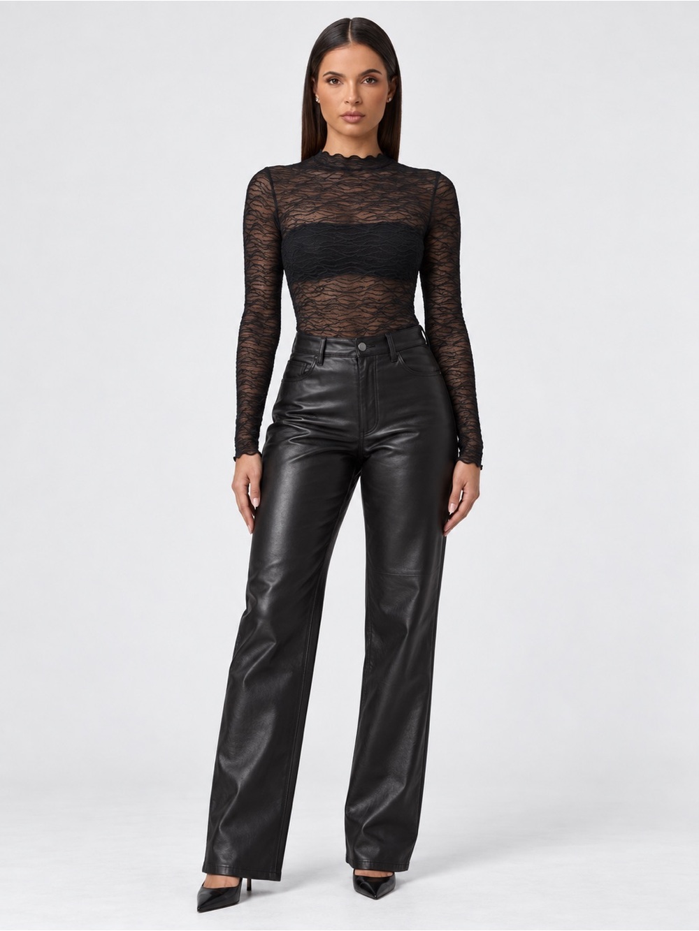 Naked Wardrobe Mock Neck Lace Bodysuit Black